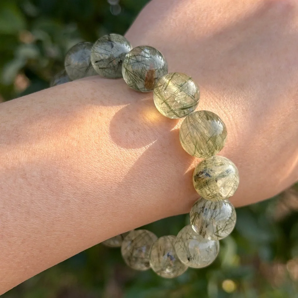 14mm stretchable high‎ quality translucent green rutilated quartz bracelet 1153